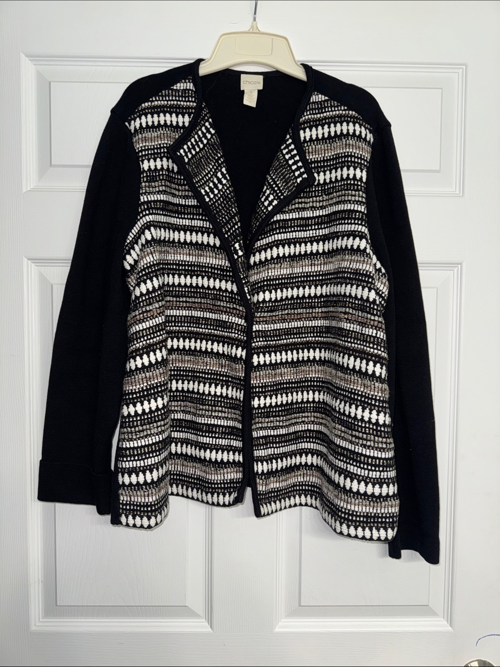 Chico's Black, White & Tan Geometric Open Cardigan Sweater